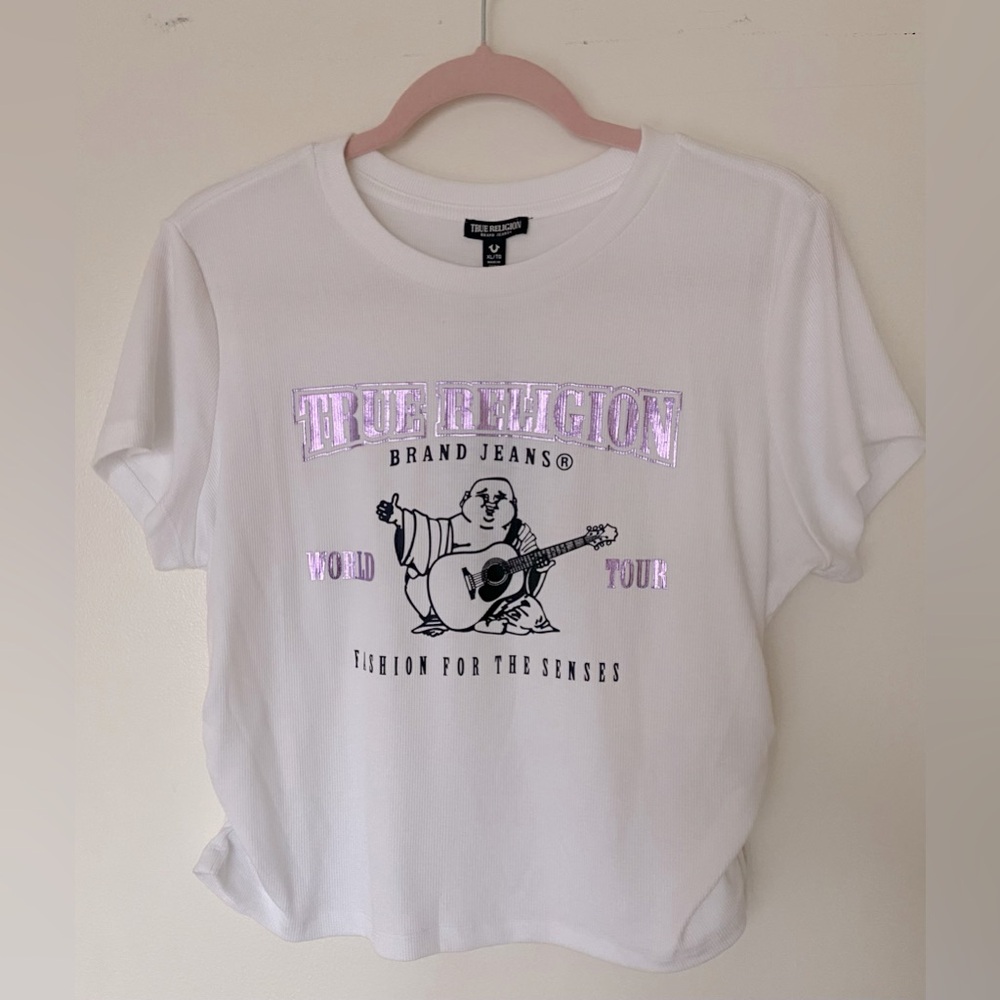 True Religion White Graphic Baby Tee with Metallic Purple Accents